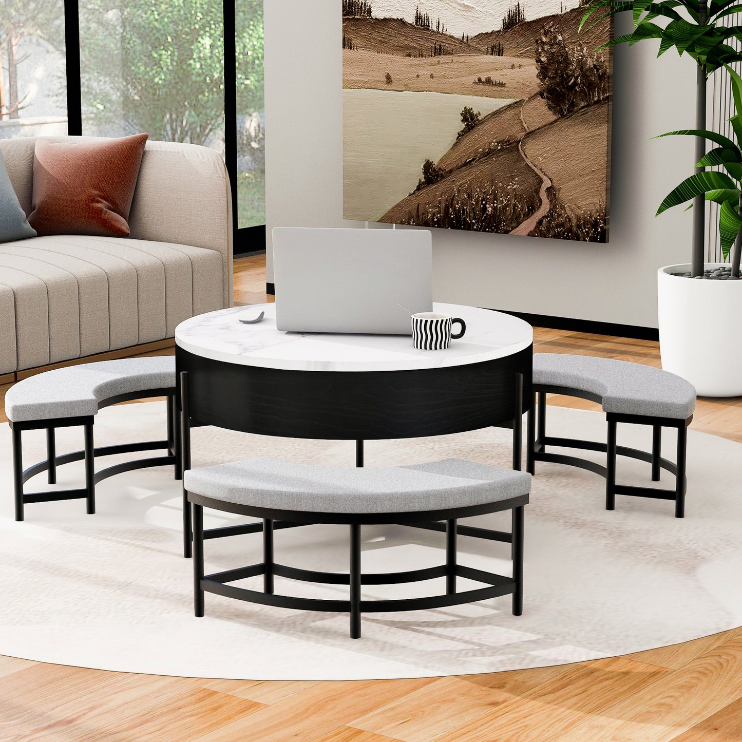 Modern Round Lift-Top Coffee Table with Storage & 3 Ottoman White & Black