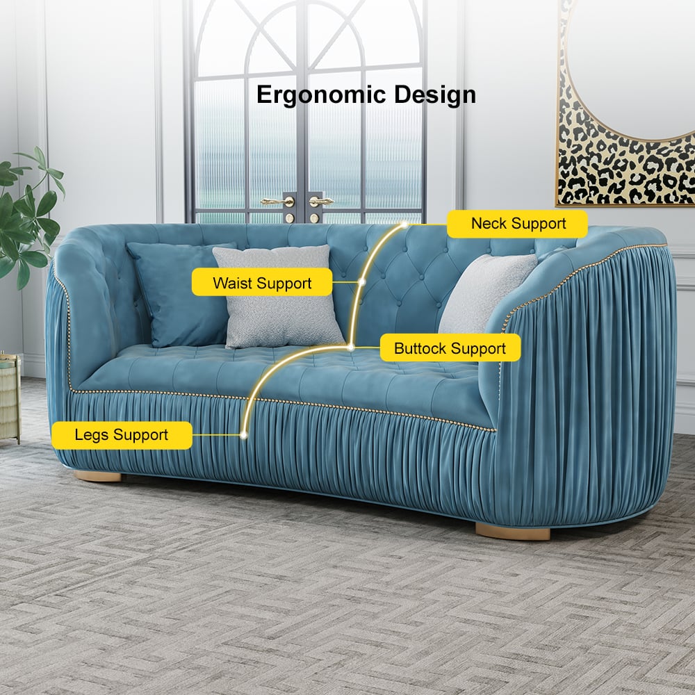 83" Luxury Modern Blue Velvet Curved Upholstered Tufted 3-Seater Sofa