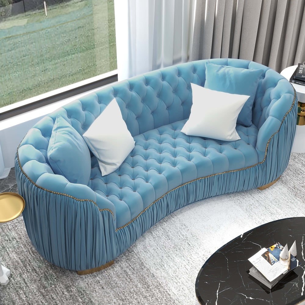 83" Luxury Modern Blue Velvet Curved Upholstered Tufted 3-Seater Sofa