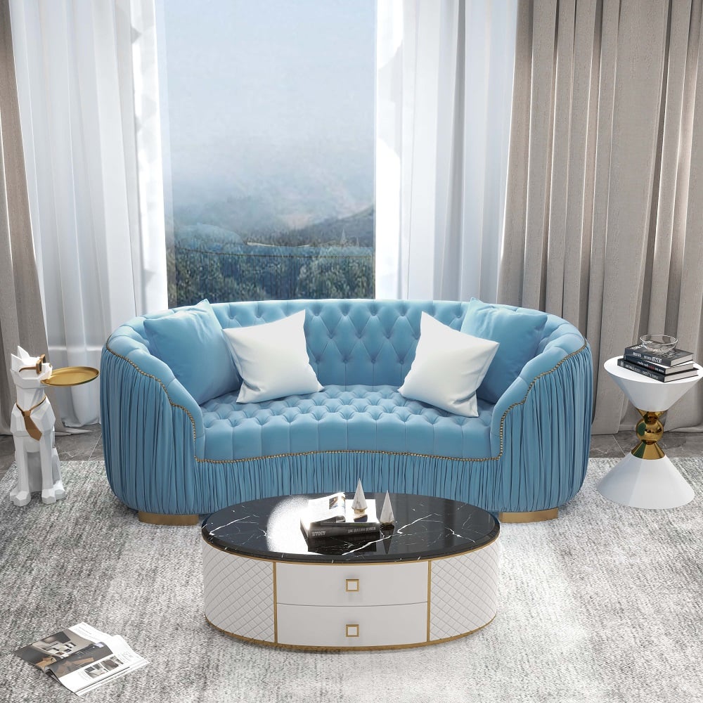 83" Luxury Modern Blue Velvet Curved Upholstered Tufted 3-Seater Sofa