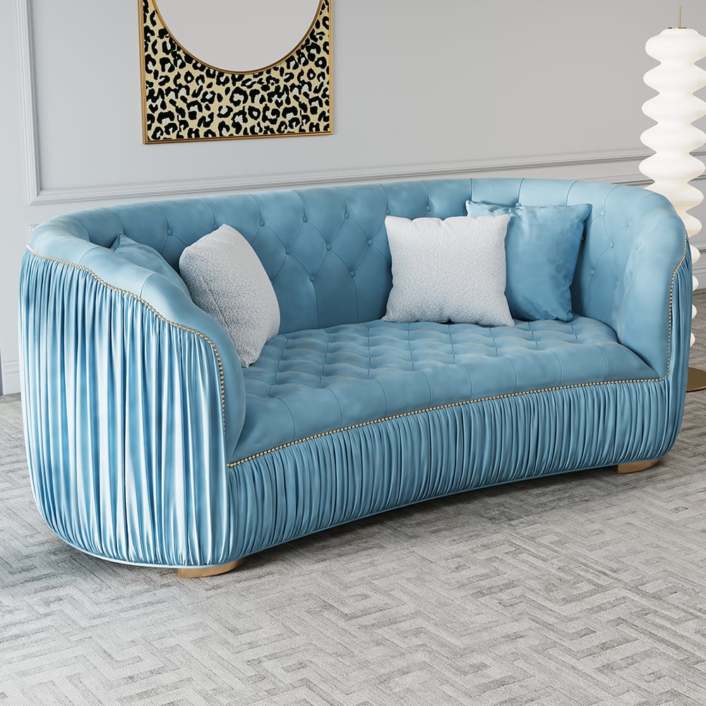 83" Luxury Modern Blue Velvet Curved Upholstered Tufted 3-Seater Sofa