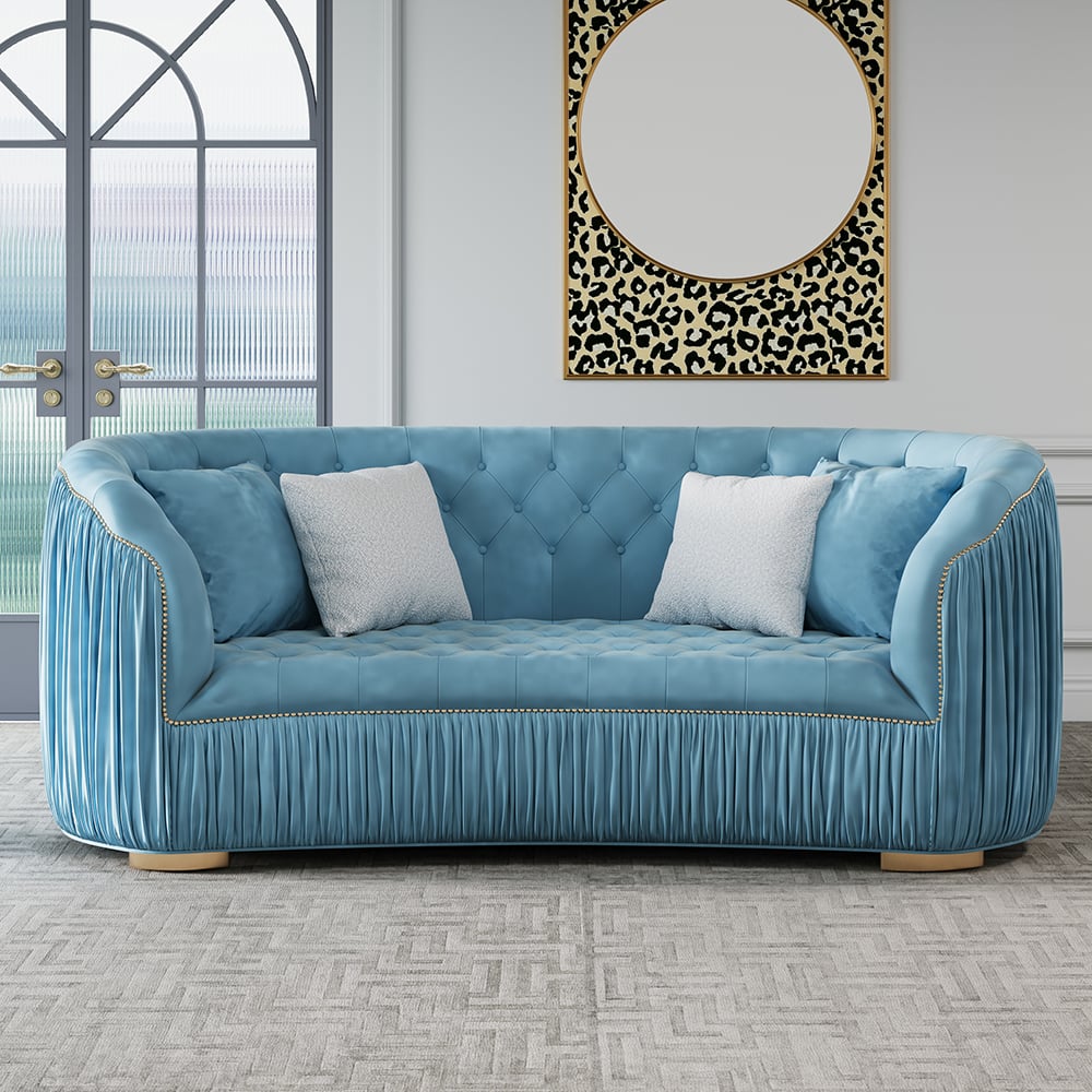 83" Luxury Modern Blue Velvet Curved Upholstered Tufted 3-Seater Sofa