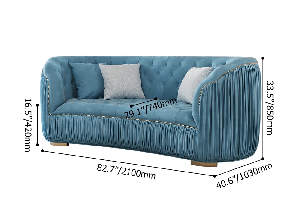 83" Luxury Modern Blue Velvet Curved Upholstered Tufted 3-Seater Sofa