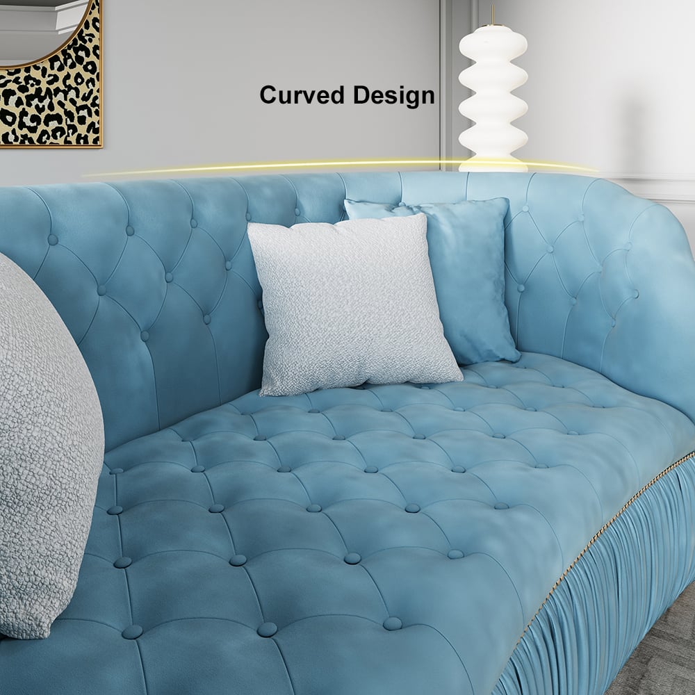 83" Luxury Modern Blue Velvet Curved Upholstered Tufted 3-Seater Sofa