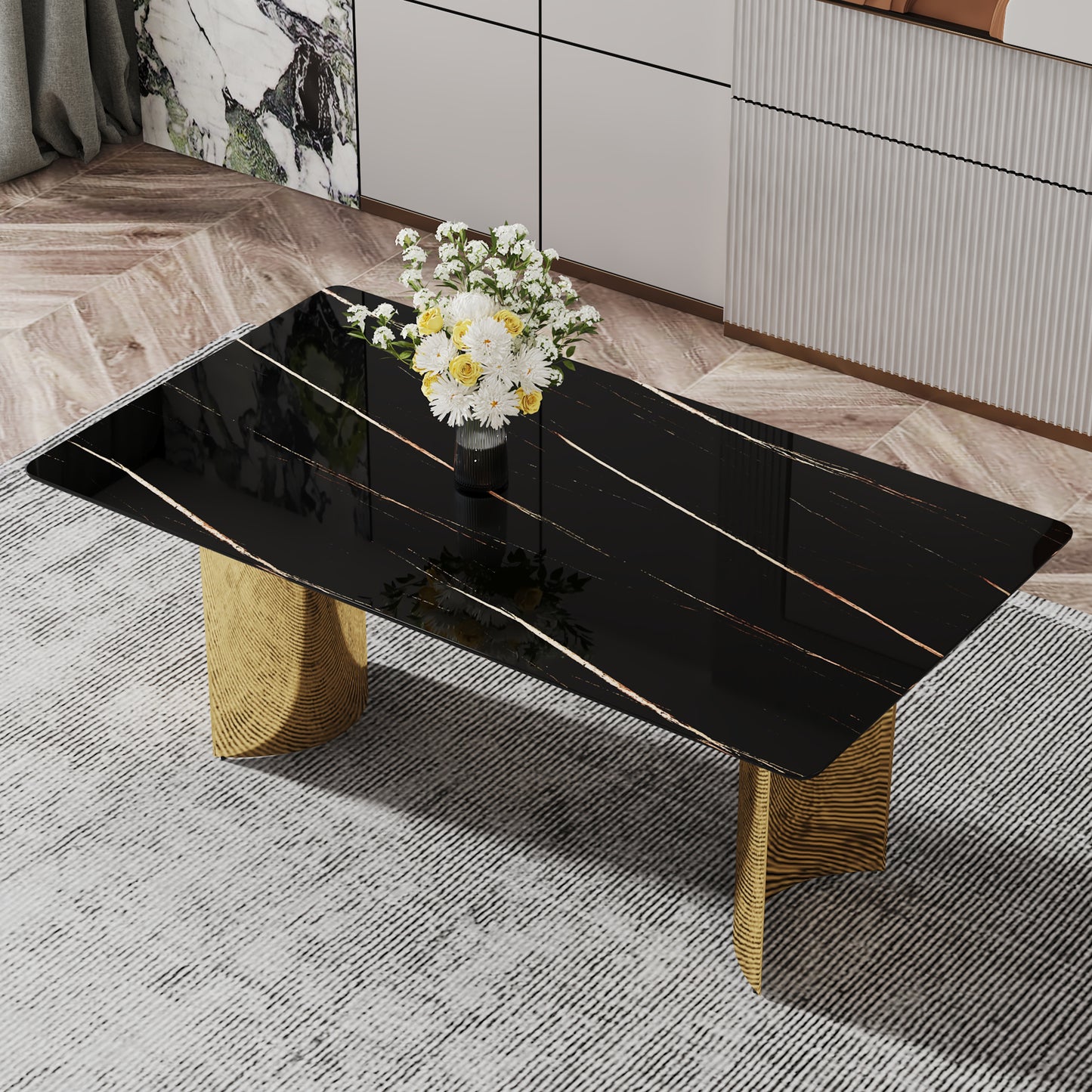 Modern minimalist dining table. The black patterned glass desktop is equipped with golden metal legs. Suitable for restaurants and living rooms  71" *39.3" *29.5"  DT-69