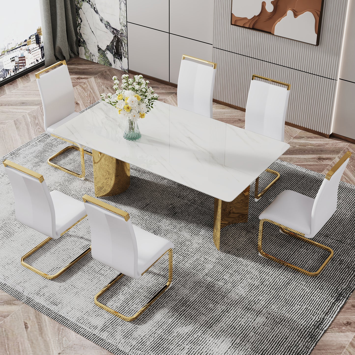 Stylish 71" Minimalist Dining Table with White Imitation Marble Glass Surface and Gold Metal Legs - Ideal for Dining Areas and Living Spaces