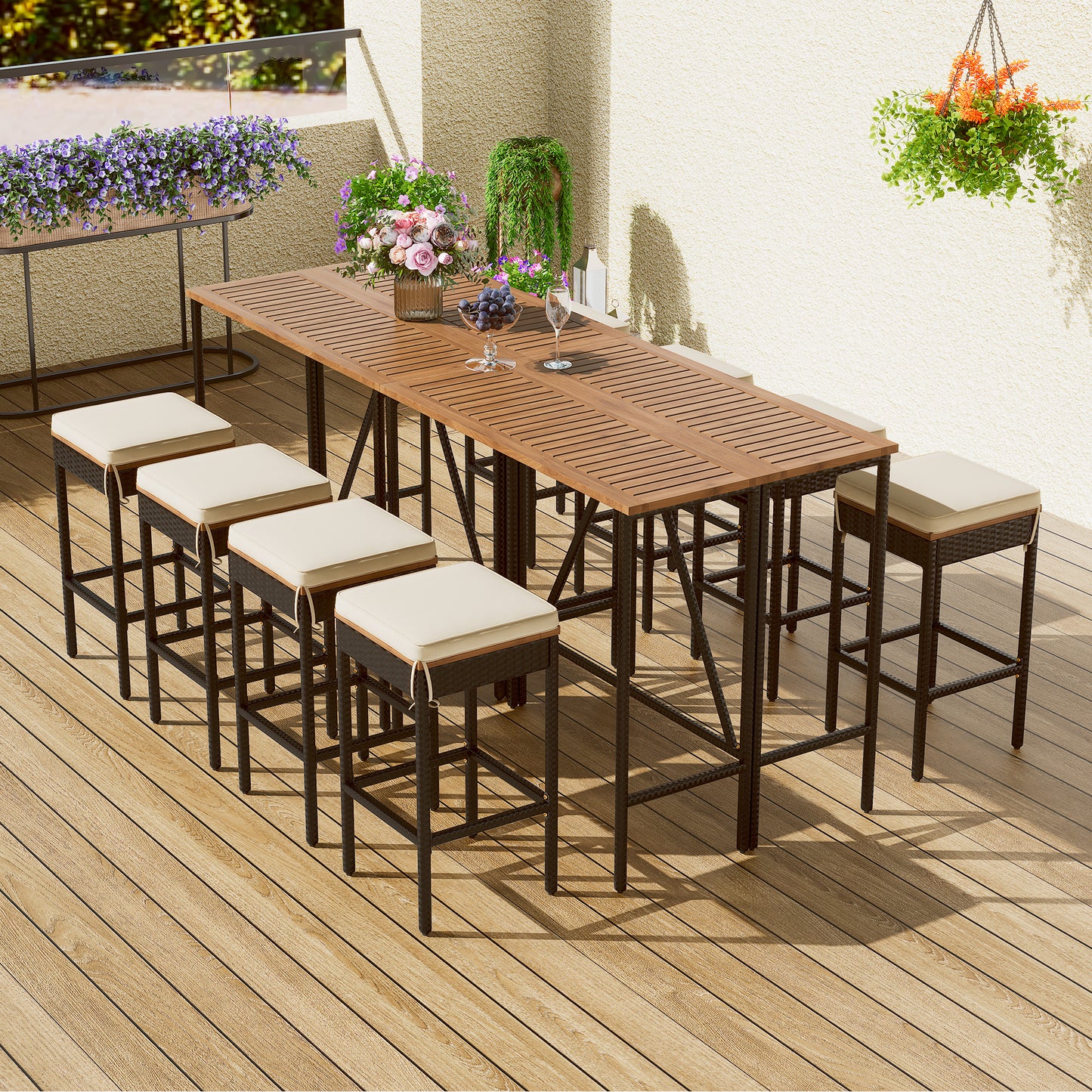 GO Table de bar d'extérieur en bois d'acacia 10 pièces et huit tabourets avec coussins, table de salle à manger de jardin en rotin PE, plateau pliable, ensemble bistro de salle à manger haute, meubles de patio toutes saisons, marron