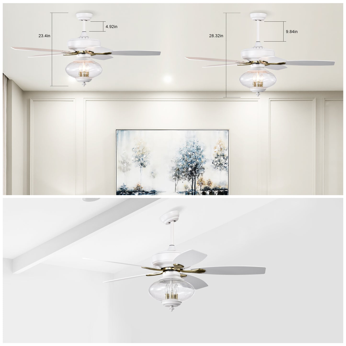 52" Low Profile Ceiling Fan in Matte White - Modern Design with Remote Control and Glass Shade