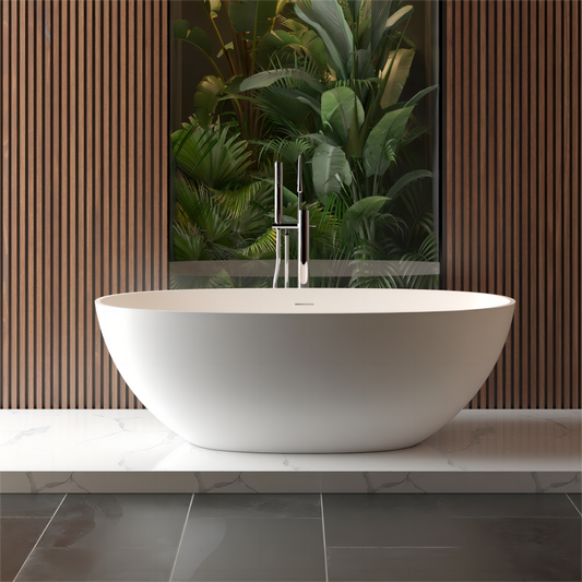 Luxury 65" Freestanding Solid Surface Bathtub – Handcrafted Stone Resin with Overflow & Pop-Up Drain in Matte White