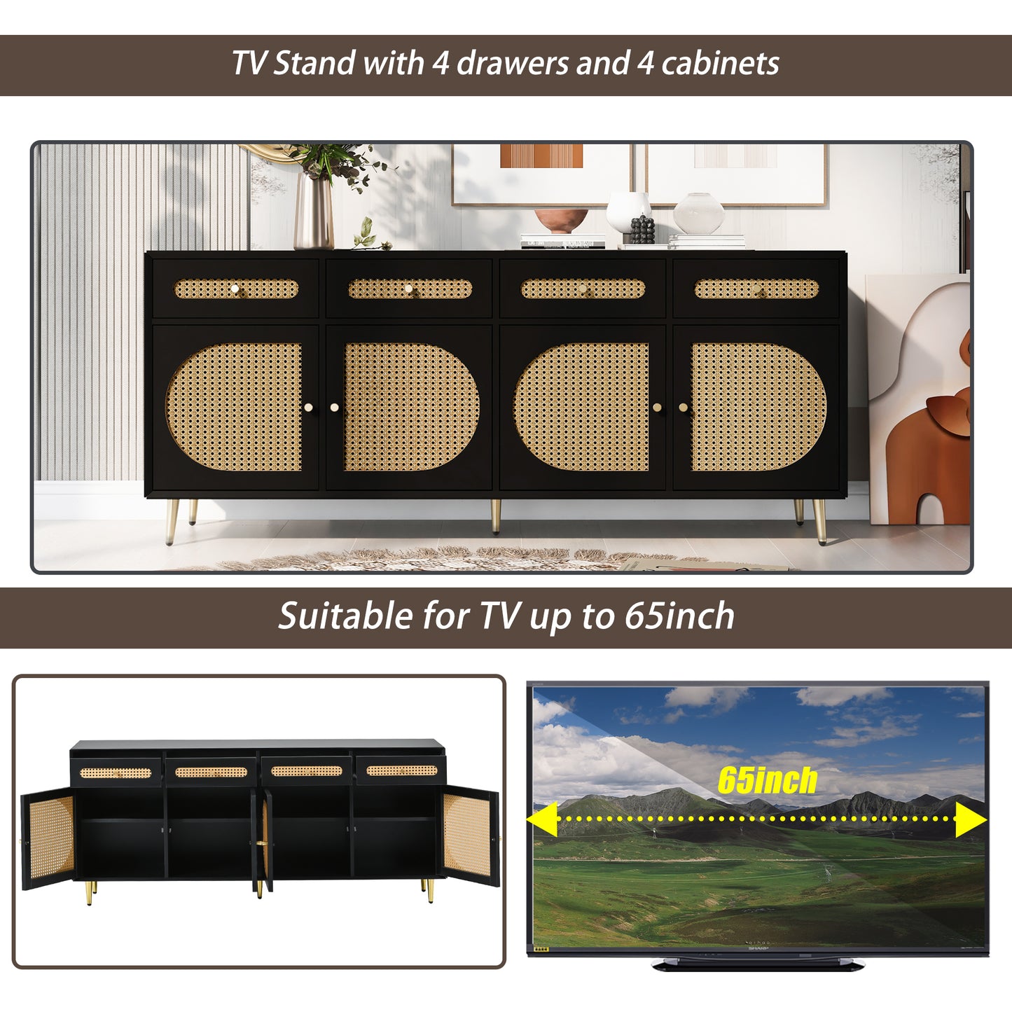 U-Can Meuble TV avec porte en rotin, table console multimédia tissée avec étagères réglables pour téléviseurs jusqu'à 65", buffet de rangement pour salon