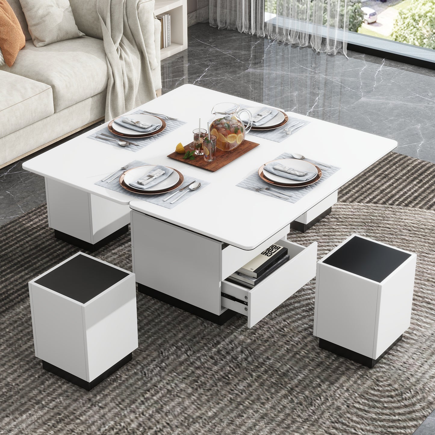 Modern White Lift Top Glass Coffee Table with Drawers & Storage Multifunction Table