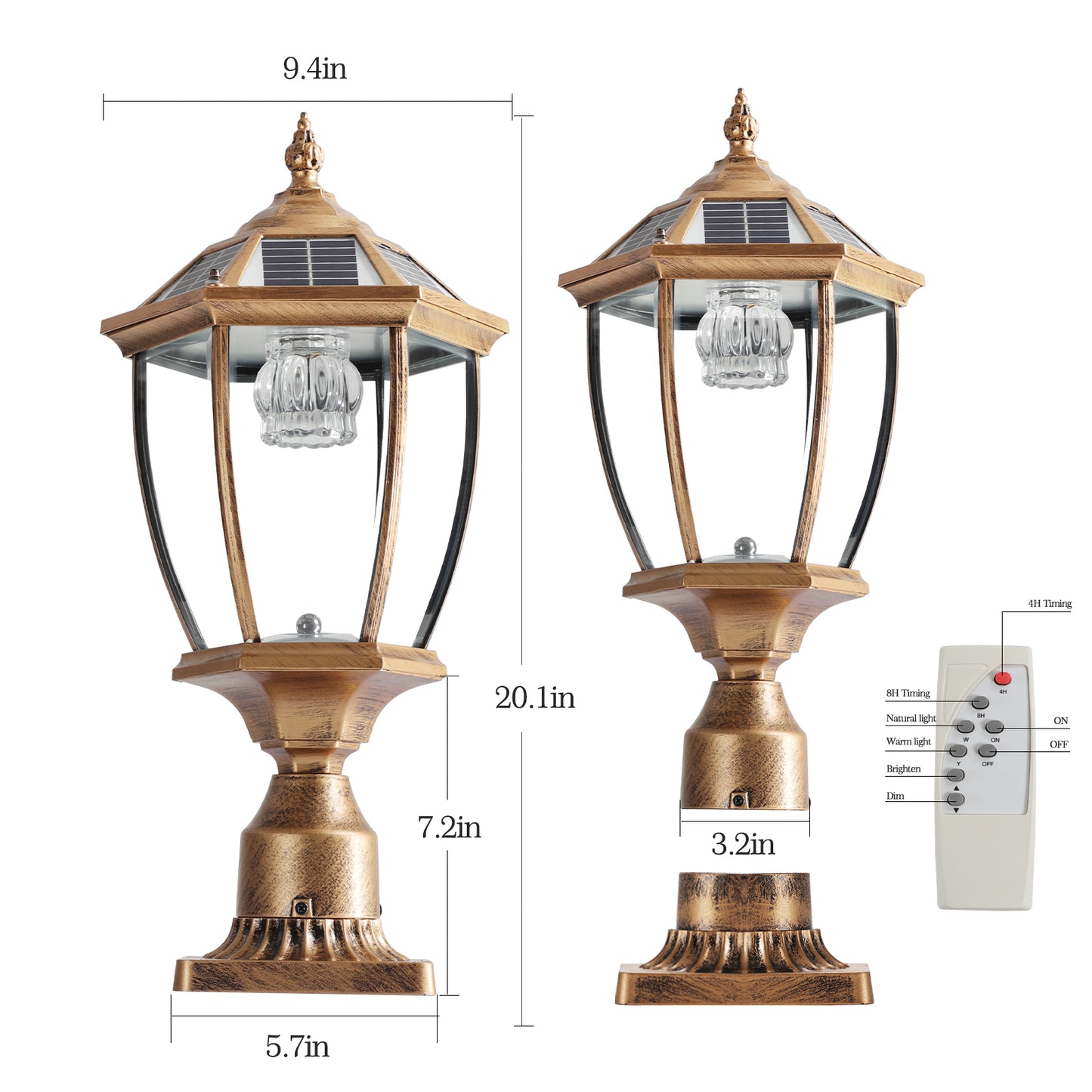 Solar-Powered Retro Gold Column Headlights with Dimmable LED - 2 Pack