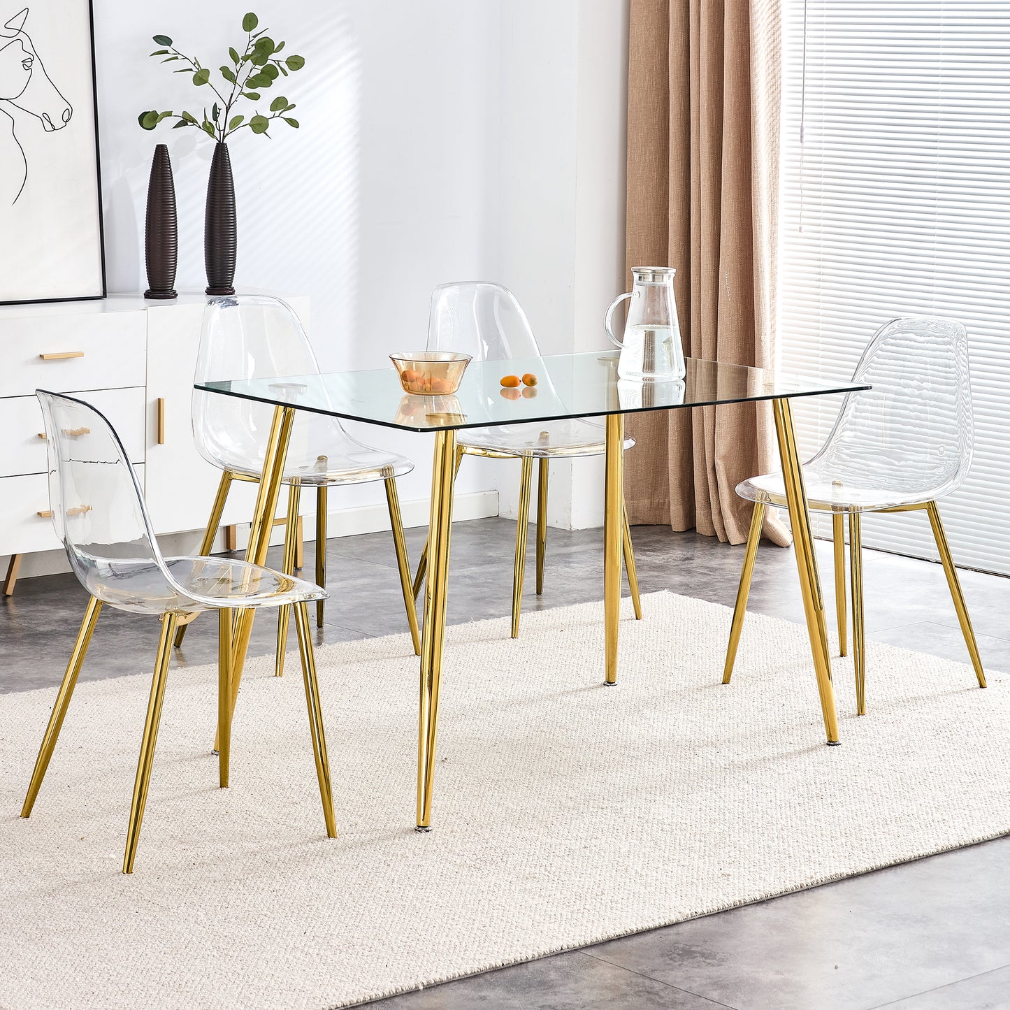 Modern Transparent Dining Chairs - Set of 4 Armless Crystal Chairs with Golden Plating Metal Legs