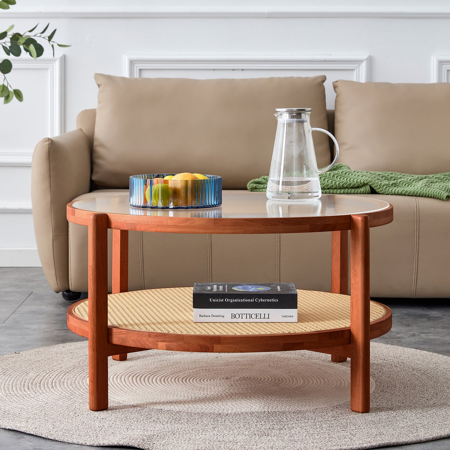 Modern Minimalist Circular Coffee Table - Double-Layer Solid Wood Design with Craft Glass Top and PE Rattan