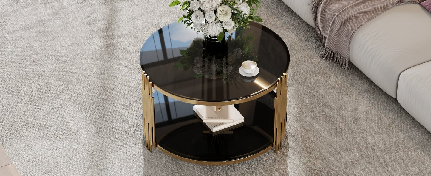 Modern Black Mirror Coffee Table, Asymmetrical Metal, Circular Metal Drum Base, Gold Finish & Lower Shelf