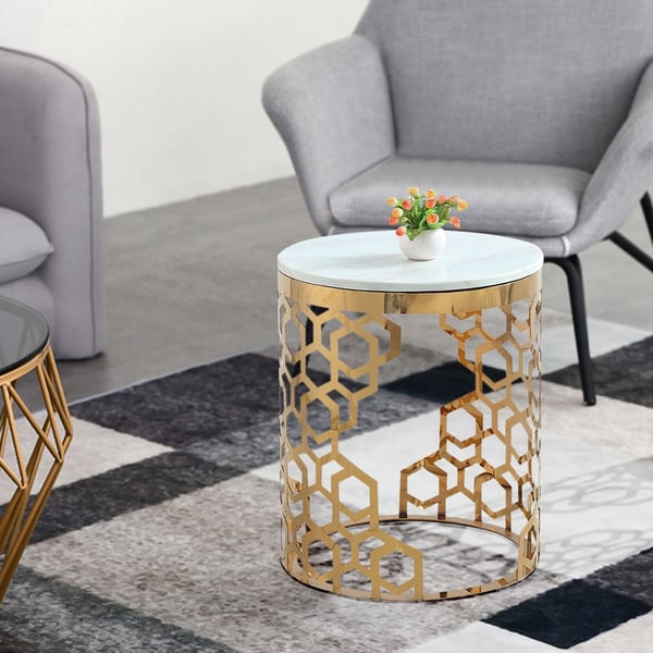 Gold Glam Round End Table with Marble Top Side Table