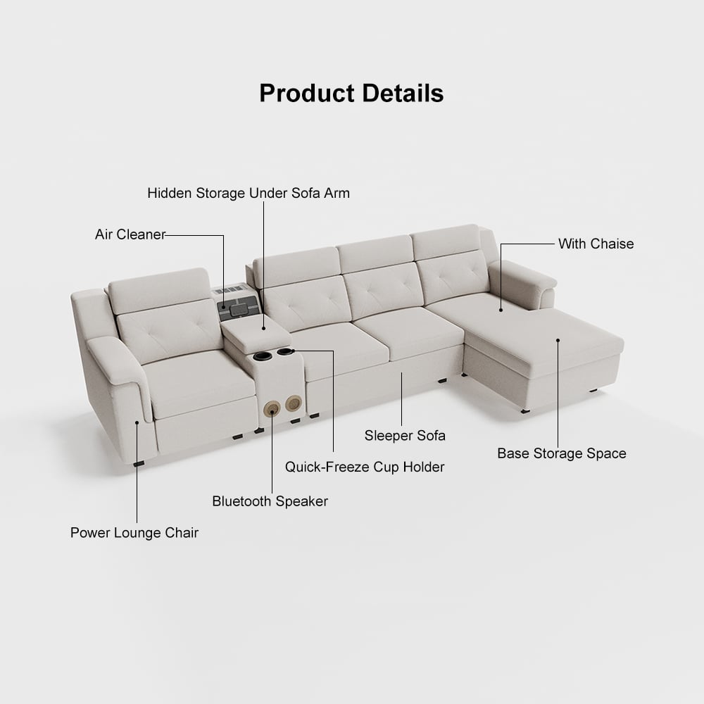 134.6" White Power Reclining Sectional Sofa Pull Out Bed Cup Holder & Speaker & Storage