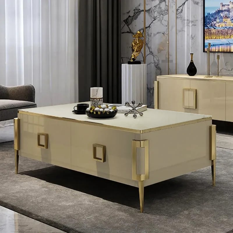 Modern Gold Rectangular Coffee Table with Drawers & Tempered Glass Tabletop