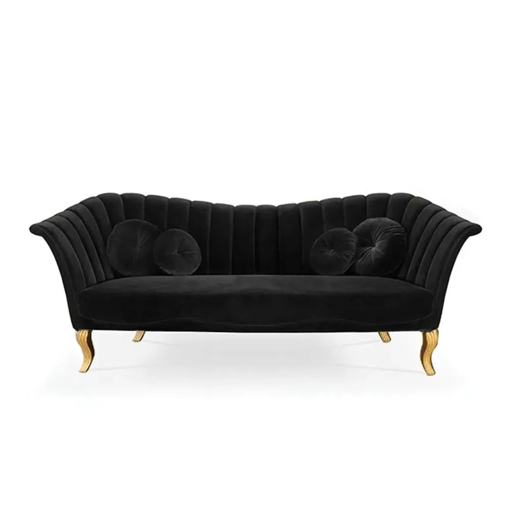 86.6" Black Velvet Upholstered Sofa Channel Tufted 3-Seater Sofa in Gold