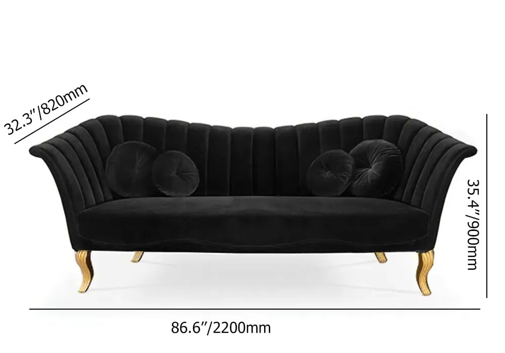 86.6" Black Velvet Upholstered Sofa Channel Tufted 3-Seater Sofa in Gold