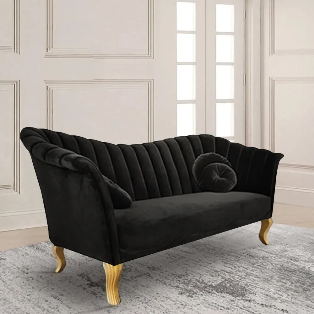 86.6" Black Velvet Upholstered Sofa Channel Tufted 3-Seater Sofa in Gold