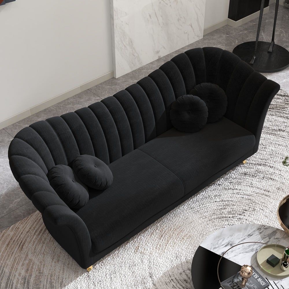 86.6" Black Velvet Upholstered Sofa Channel Tufted 3-Seater Sofa in Gold