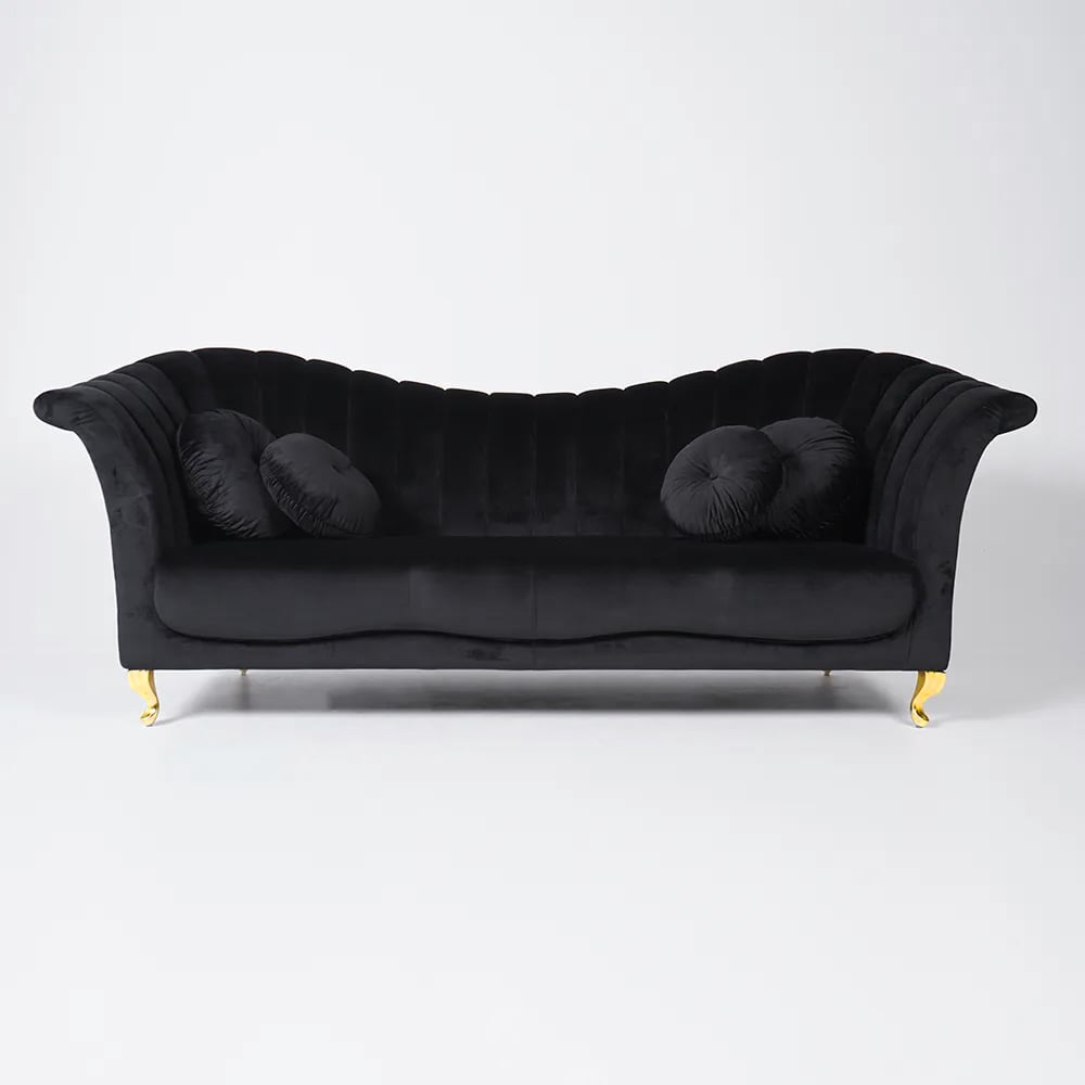 86.6" Black Velvet Upholstered Sofa Channel Tufted 3-Seater Sofa in Gold