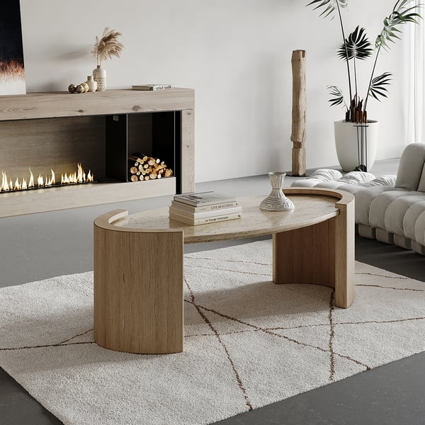 42" Japandi Travertine Coffee Table with Oval Beige Stone Top