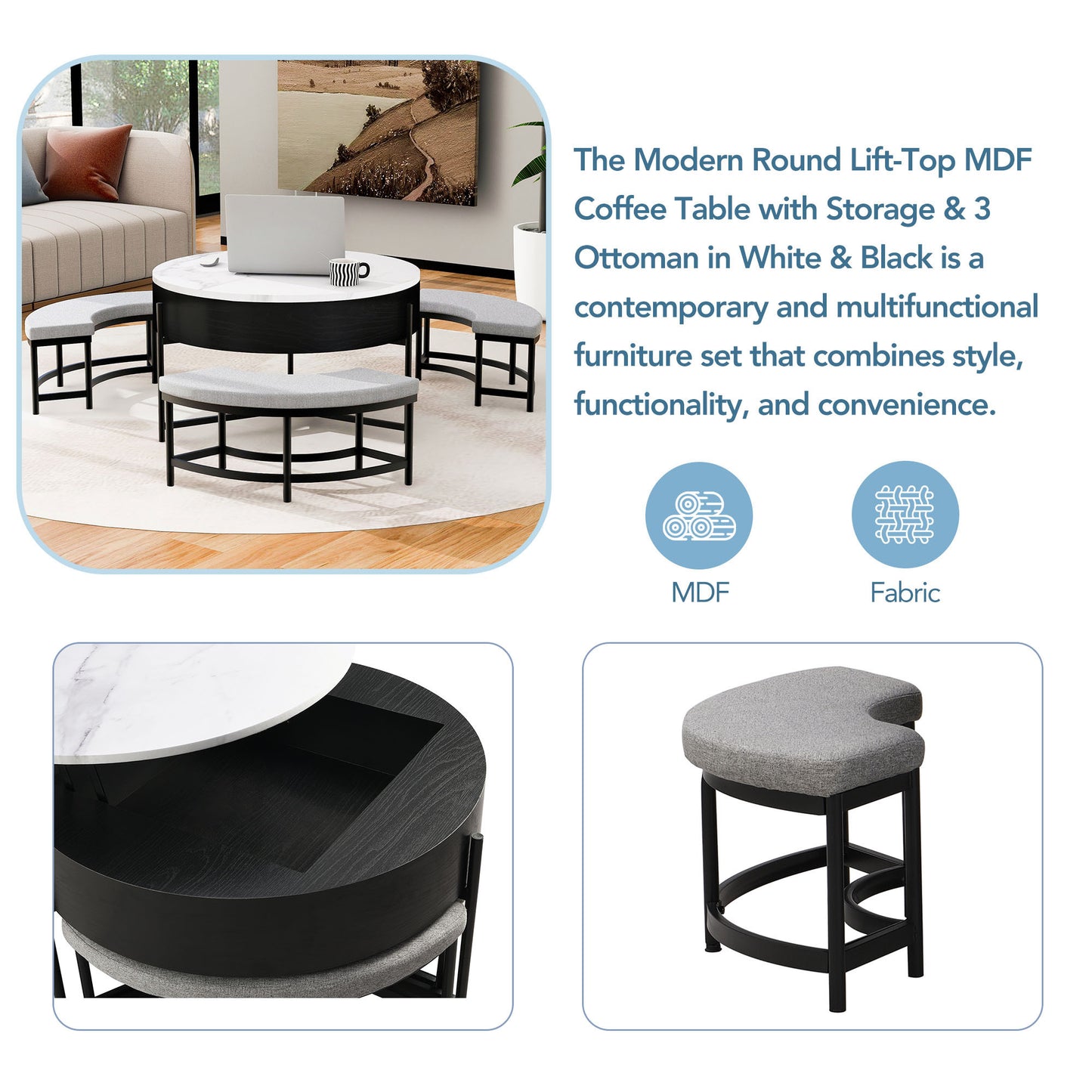 Modern Round Lift-Top Coffee Table with Storage & 3 Ottoman White & Black