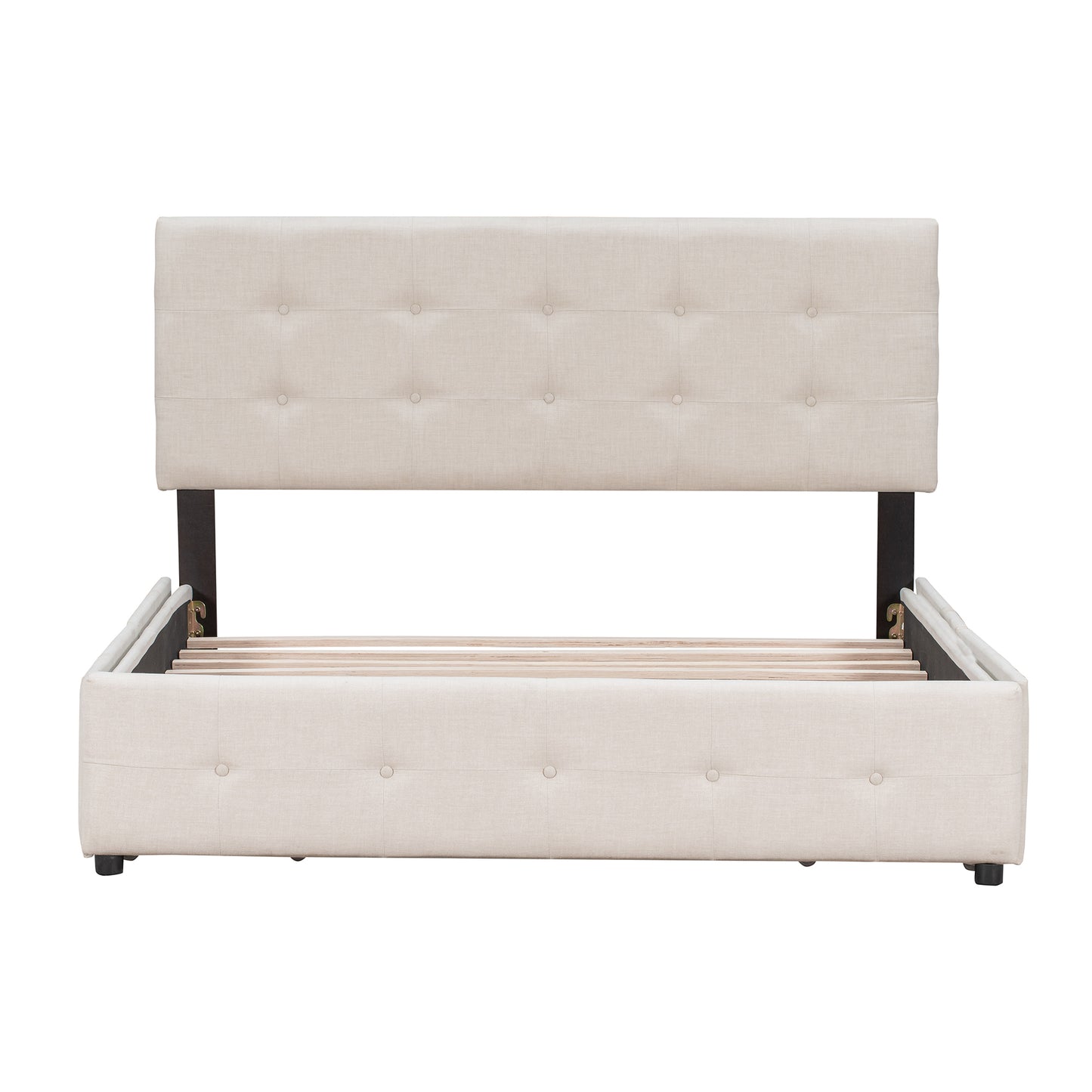 Upholstered Platform Bed with Classic Headboard and 4 Drawers, No Box Spring Needed, Linen Fabric, Queen Size Beige