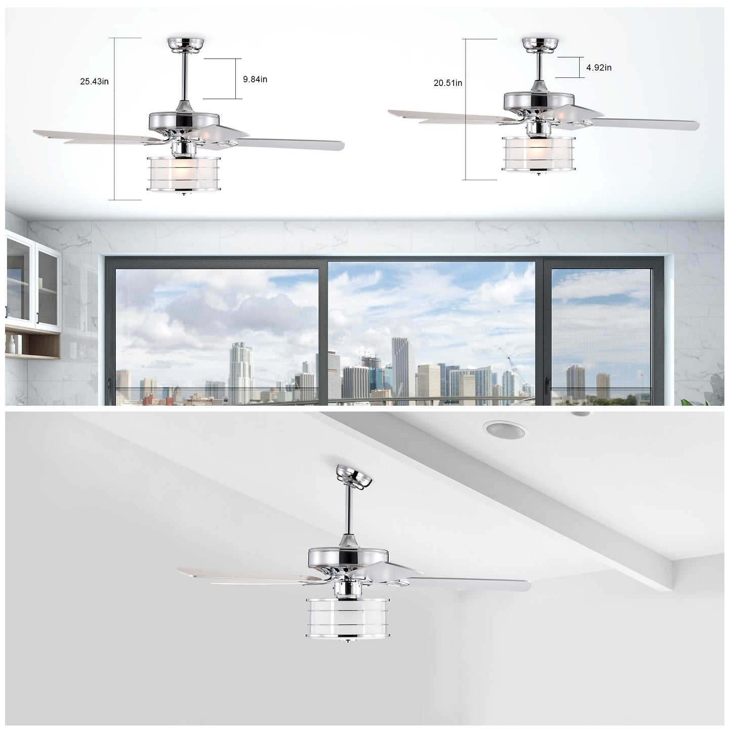 52" Chrome Drum Shade LED Ceiling Fan with 3 Lights & Remote - Rustic Farmhouse Meets Modern Glam