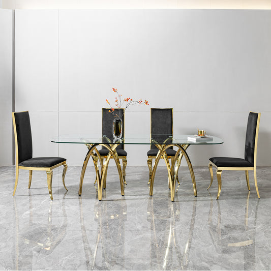 0.47" Thick Tempered Clear Glass Rectangular Big Dining Table with Gold Stainless Steel Base 86.61" L x 39.37" W x 29.92" H