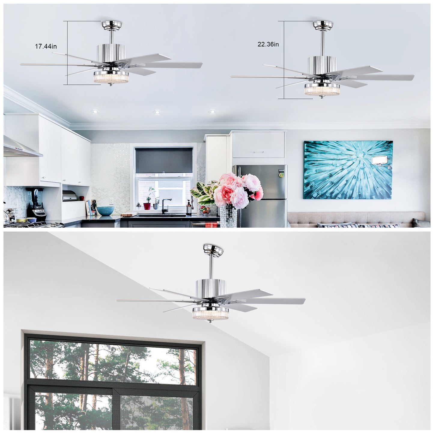 52" Modern Ceiling Fan with Remote - Chrome Finish, Wood Blades, LED Light for Living Room