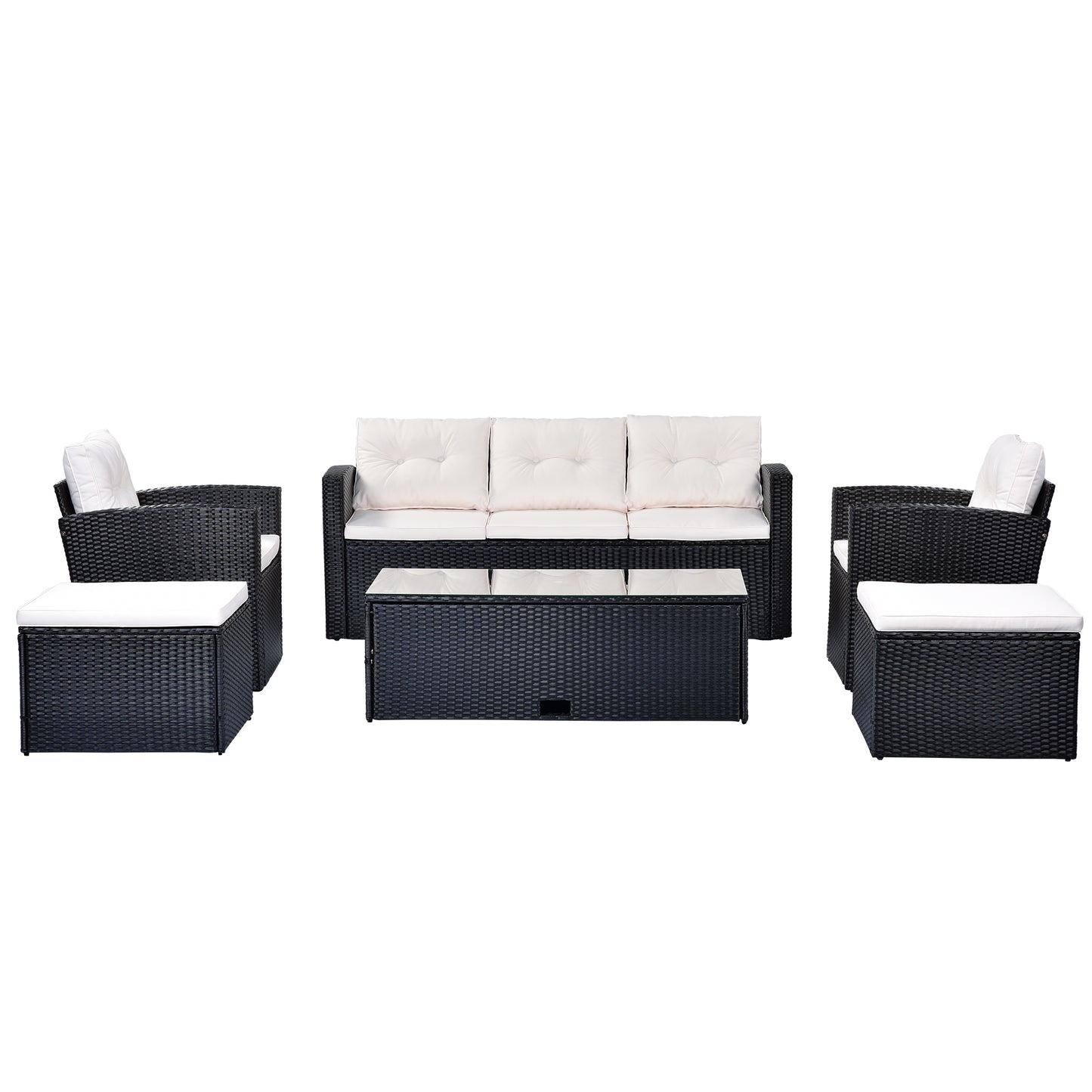 GO 6-piece All-Weather Wicker PE rattan Patio Outdoor Dining Conversation Sectional Set with coffee table, wicker sofas, ottomans, removable cushions (Black wicker, Beige cushion)