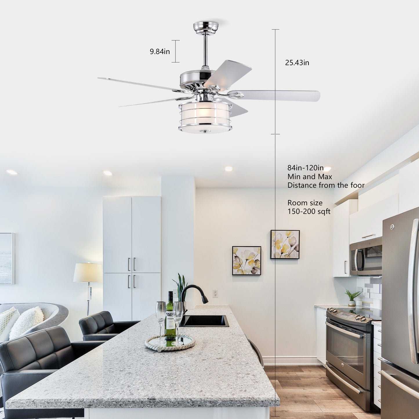 52" Chrome Drum Shade LED Ceiling Fan with 3 Lights & Remote - Rustic Farmhouse Meets Modern Glam