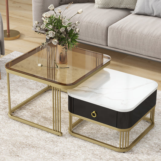 ON-TREND Nesting Coffee Table with Drawer, Set of 2, Exquisite Square Stacking Coffee Tables with Brown Tempered Glass, Side Table with High Gloss Marble Grain Tabletop for Living Room, Black