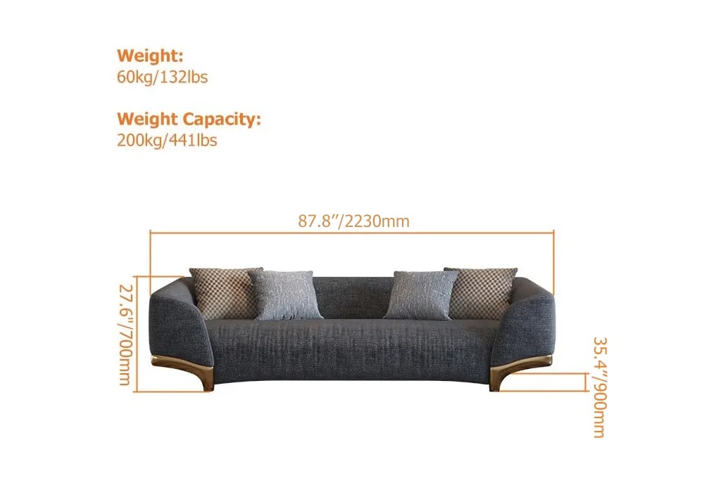 87" Gray 3-Seat Cotton & Linen Upholstered Sofa with Pillows Gold Legs