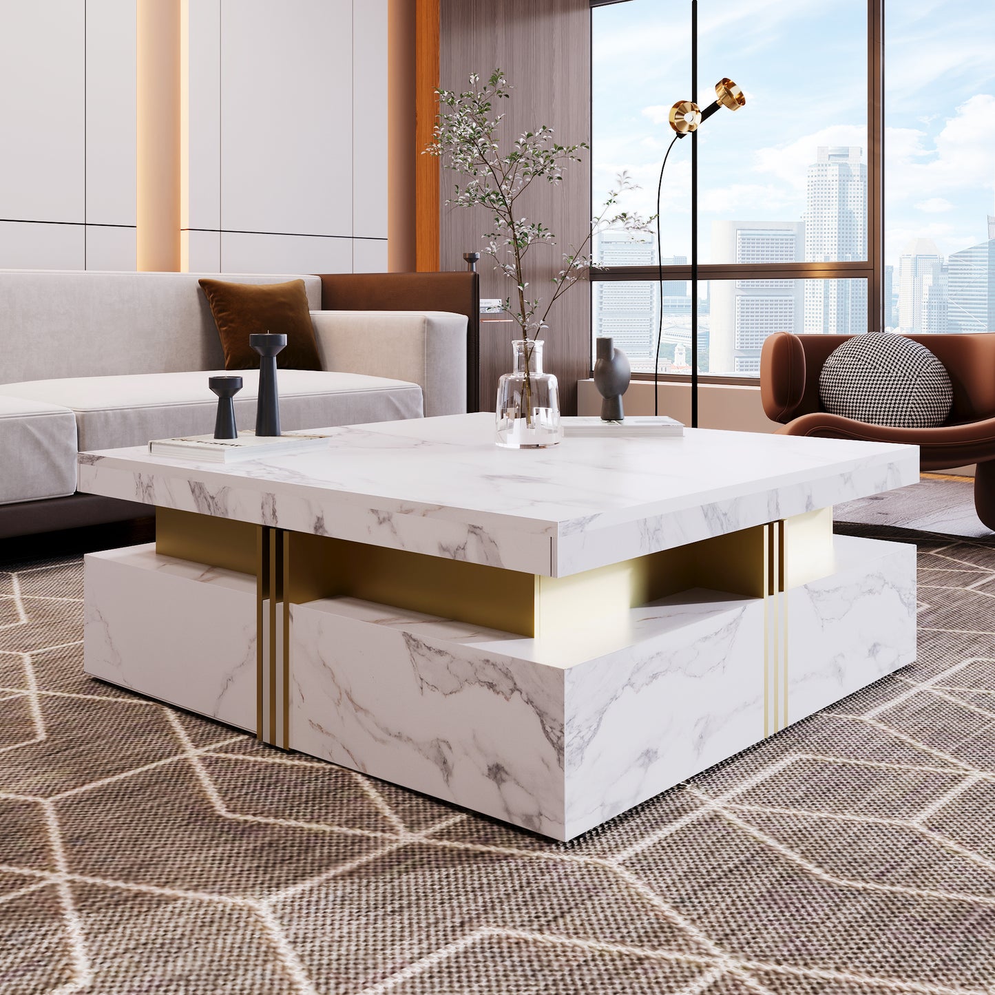 Modern White Square Storage Coffee Table with 4 Drawers