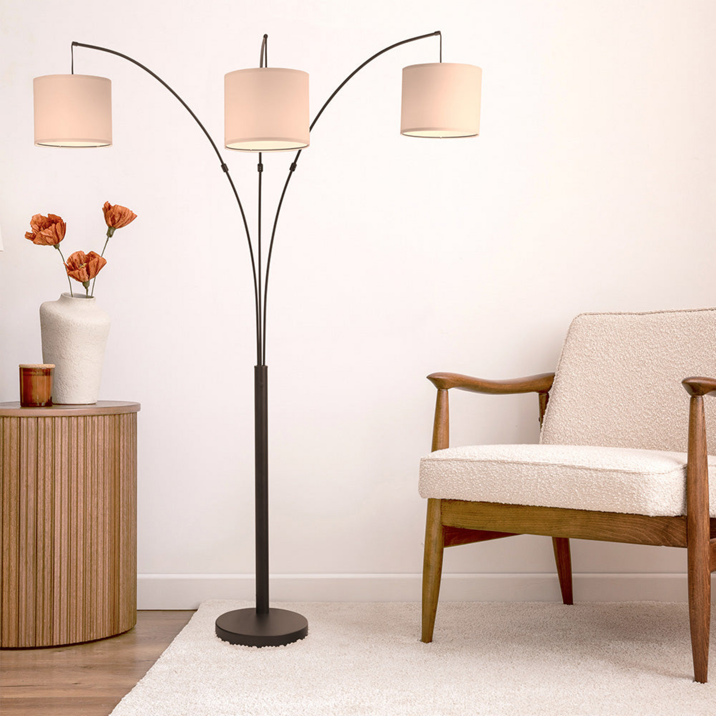 3-Arm Metal Arc Floor Lamp, Oil Rubbed Bonze with Linen Shade, 4 way Rotary Switch