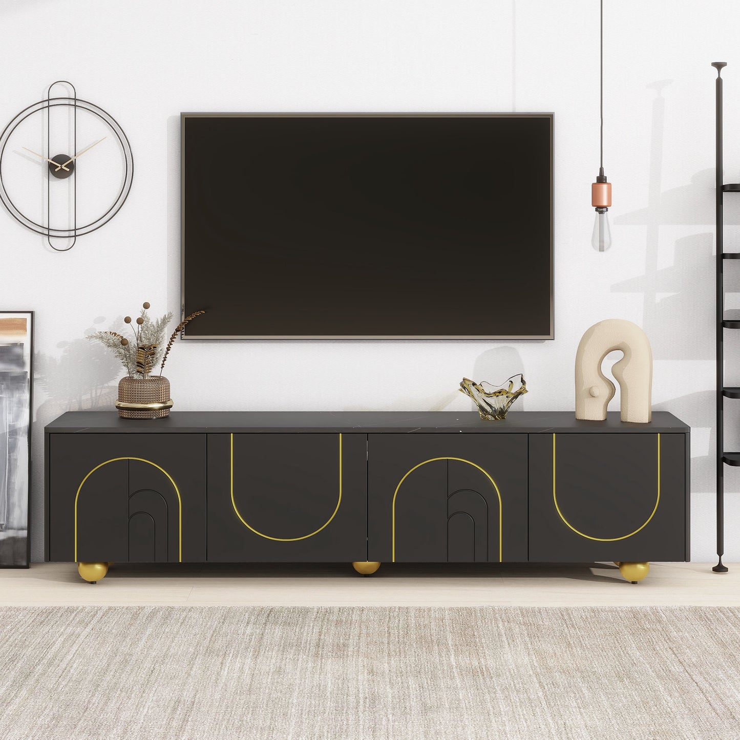 U-Can Modern TV Stand for TVs up to 75 Inches, Entertainment Center with Storage Cabinets and 1 Adjustable Shelf, Media Console with Marble-patterned Top and Golden Round Metal Legs for Living room