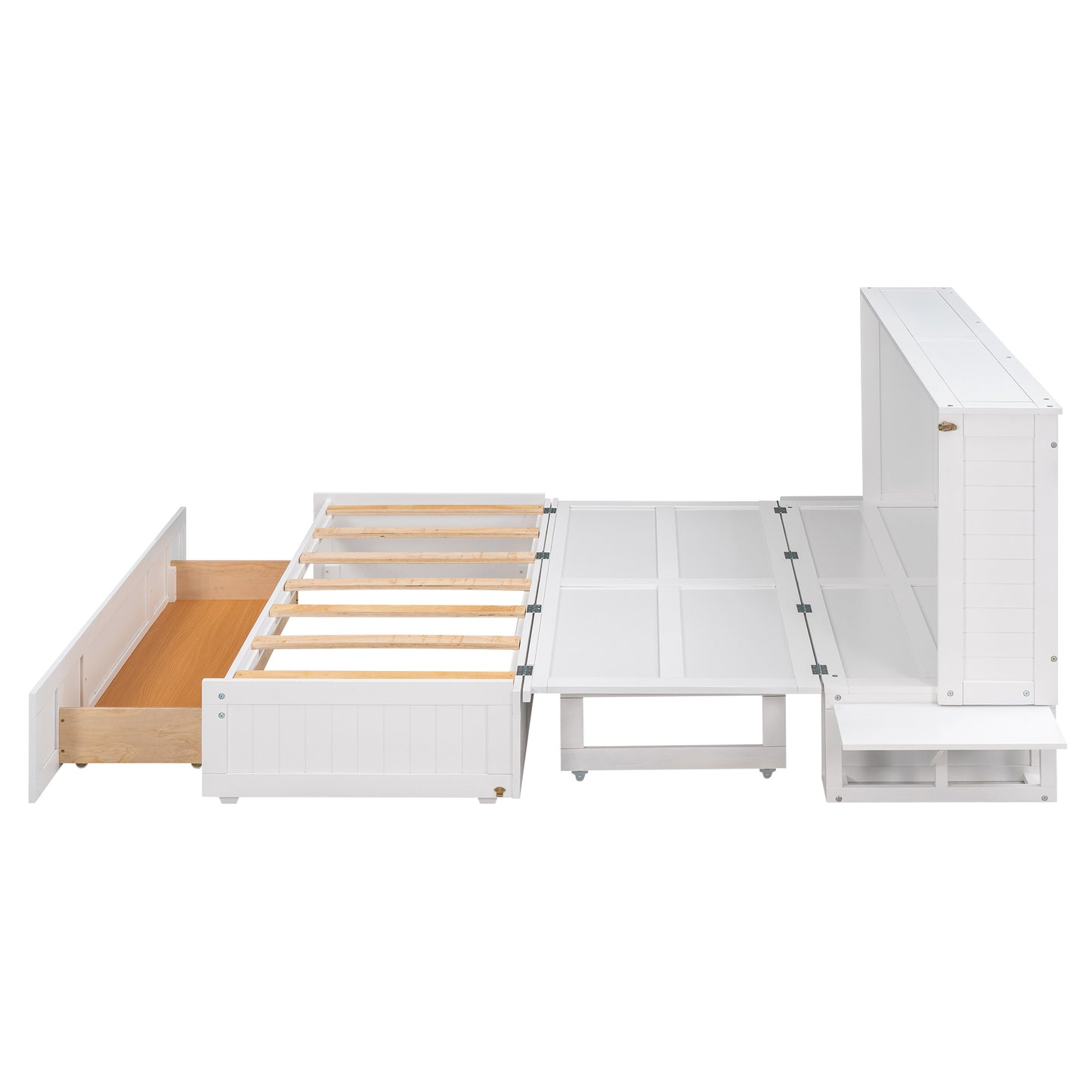Lit escamotable mobile Queen Size avec tiroir et petites étagères de chaque côté, blanc