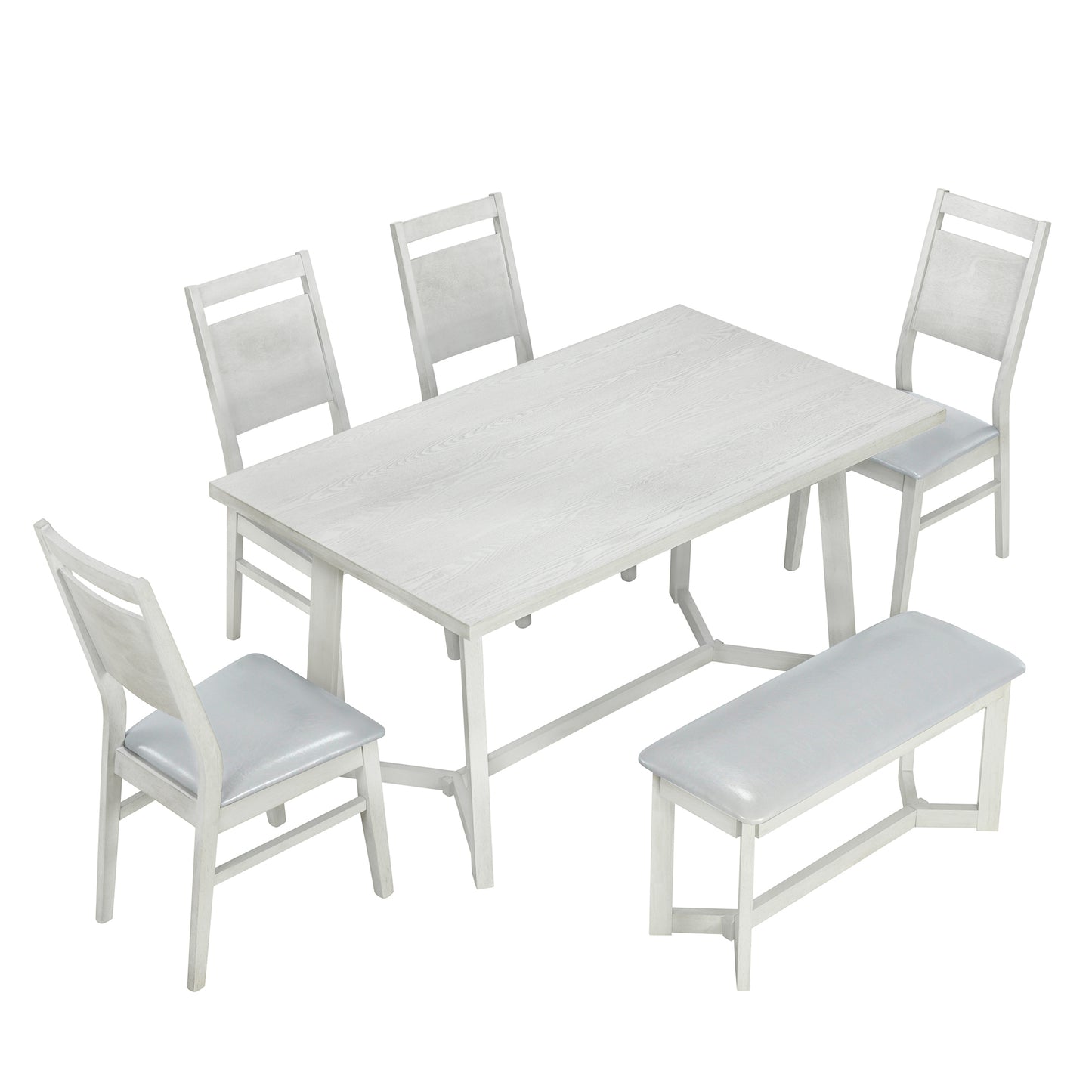 TOPMAX Farmhouse Ensemble de table de salle à manger en bois 6 pièces avec 4 chaises et banc rembourrés Gris