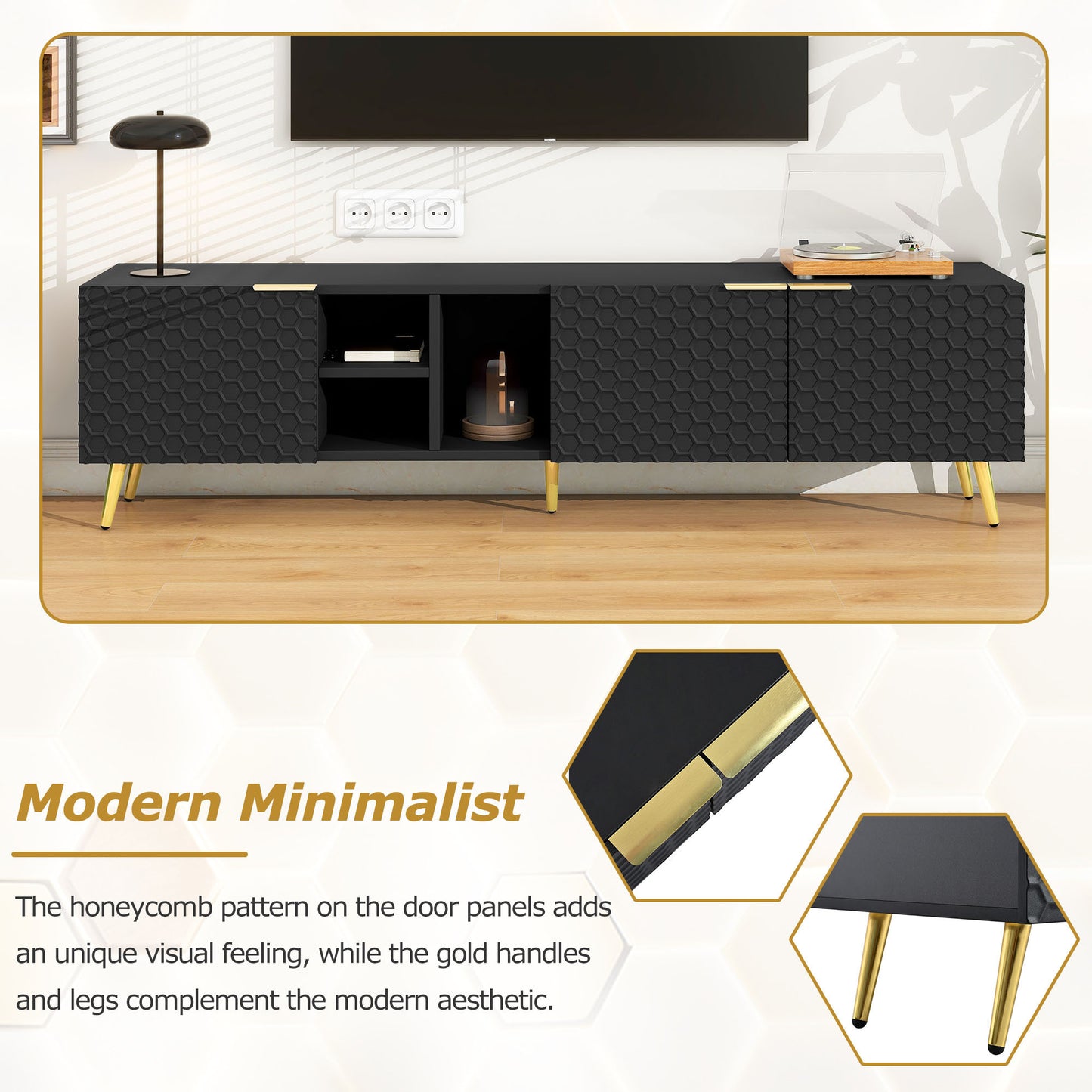 ON-TREND Modern Minimalist Geometric TV Cabinet with Metal Handles and Gold Legs for TVs Up to 80'', Multi-functional TV Stand with Storage Cabinets, Entertainment Center for Living Room, Black