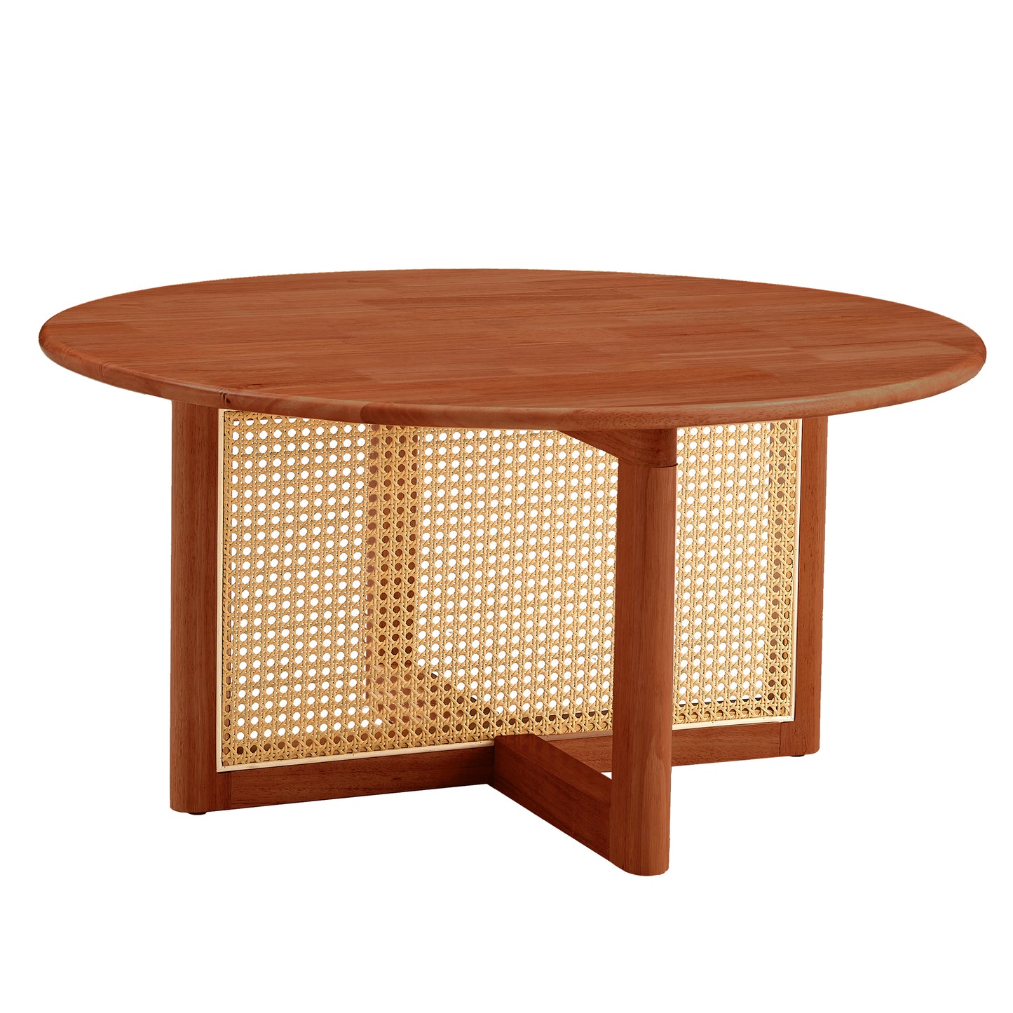 Elegant Deep Red Wooden Coffee Table with Artificial Rattan Decorations Ideal for Living Rooms and Relaxing Tea Time