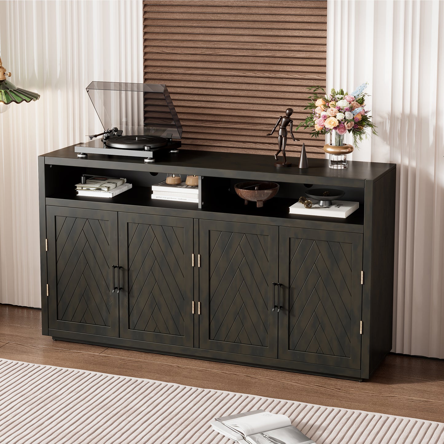 TREXM 4-door Classic Sideboard with Open Storage and Adjustable Shelves Perfect for kitchens,  living rooms (Grey Brown)