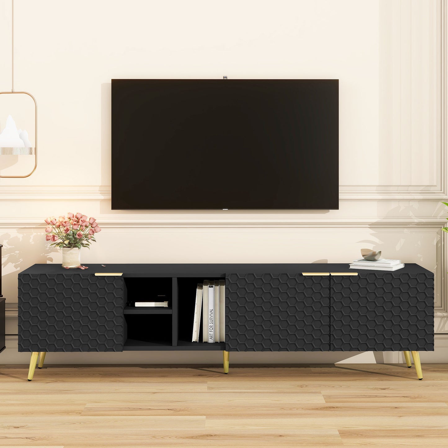 ON-TREND Modern Minimalist Geometric TV Cabinet with Metal Handles and Gold Legs for TVs Up to 80'', Multi-functional TV Stand with Storage Cabinets, Entertainment Center for Living Room, Black