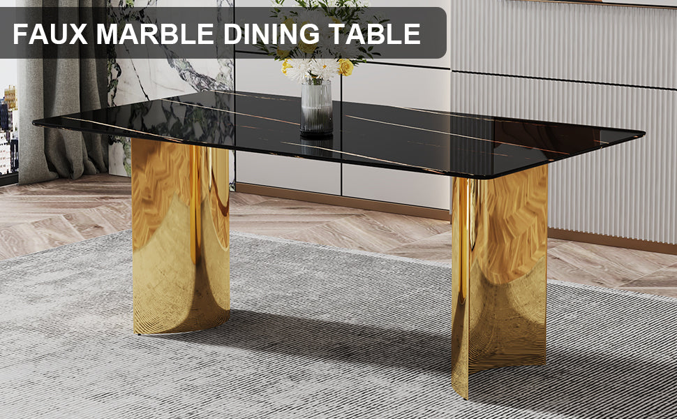 Modern minimalist dining table. The black patterned glass desktop is equipped with golden metal legs. Suitable for restaurants and living rooms  71" *39.3" *29.5"  DT-69