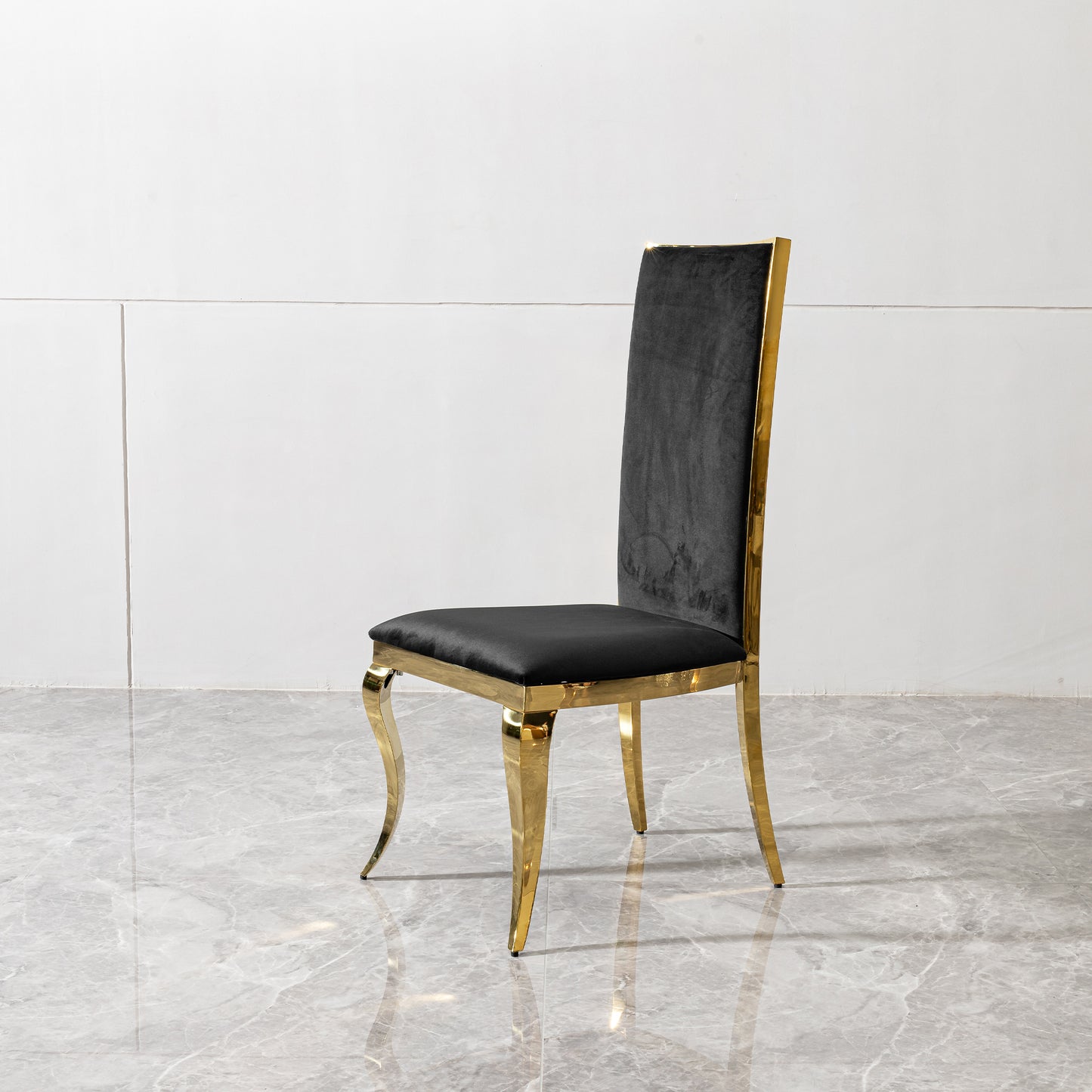 Dining chair black velvet with unique design backrest set of 2,mirror gold stainless steel legs