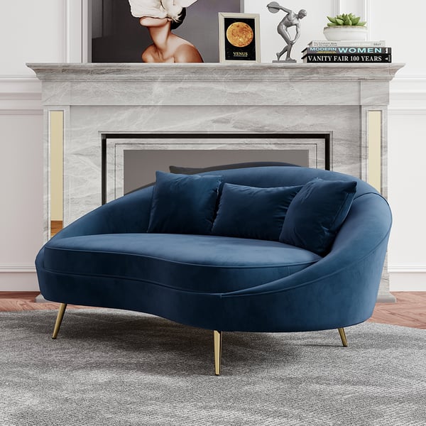 Modern 63 Inches Blue Velvet Curved Sofa Gold Legs Toss Pillow Included