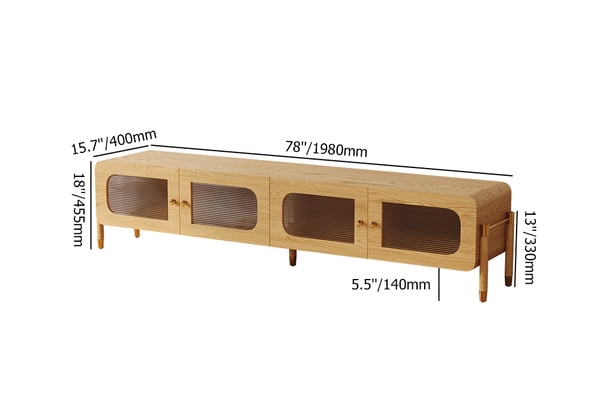 Meuble TV en bois naturel et acrylique de 78 pouces, console multimédia moderne rectangulaire en acier inoxydable